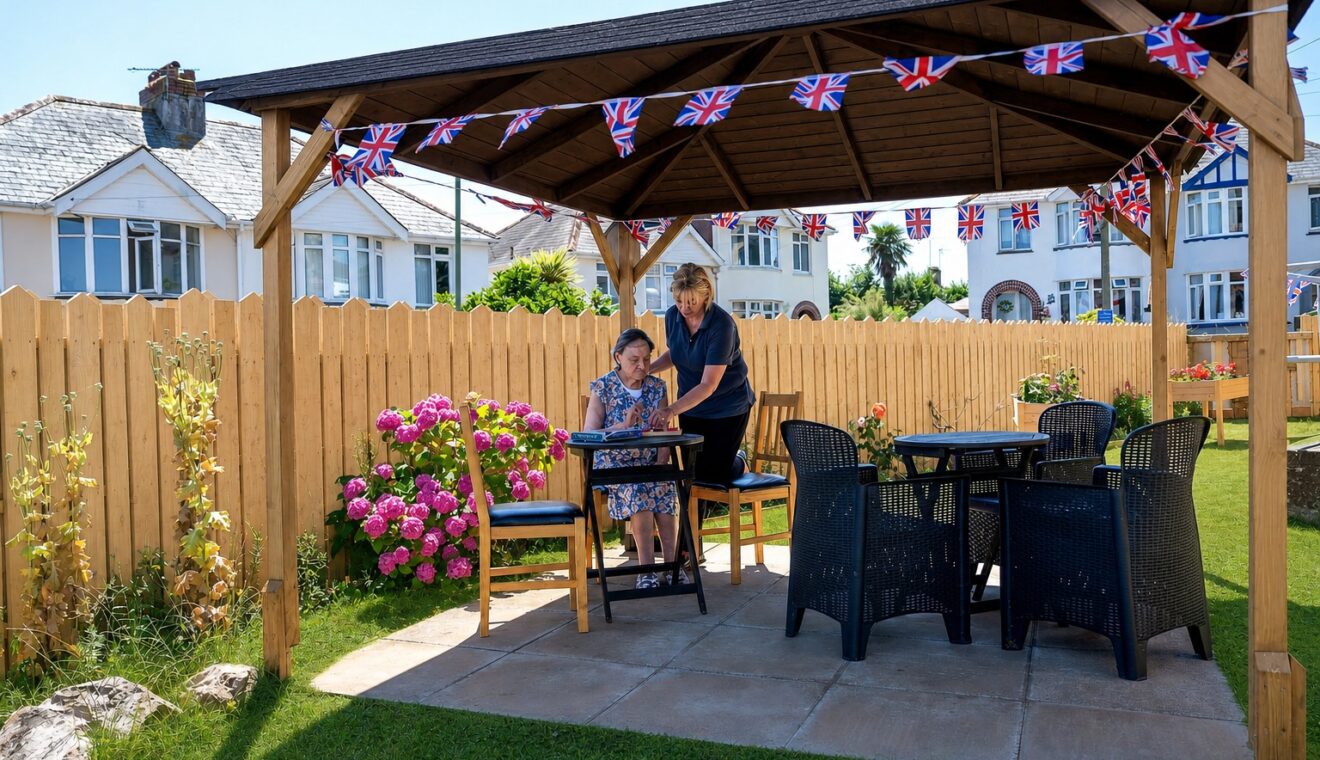 The pergola seating area in Kingsmount's garden, ideal for a relaxed short stay