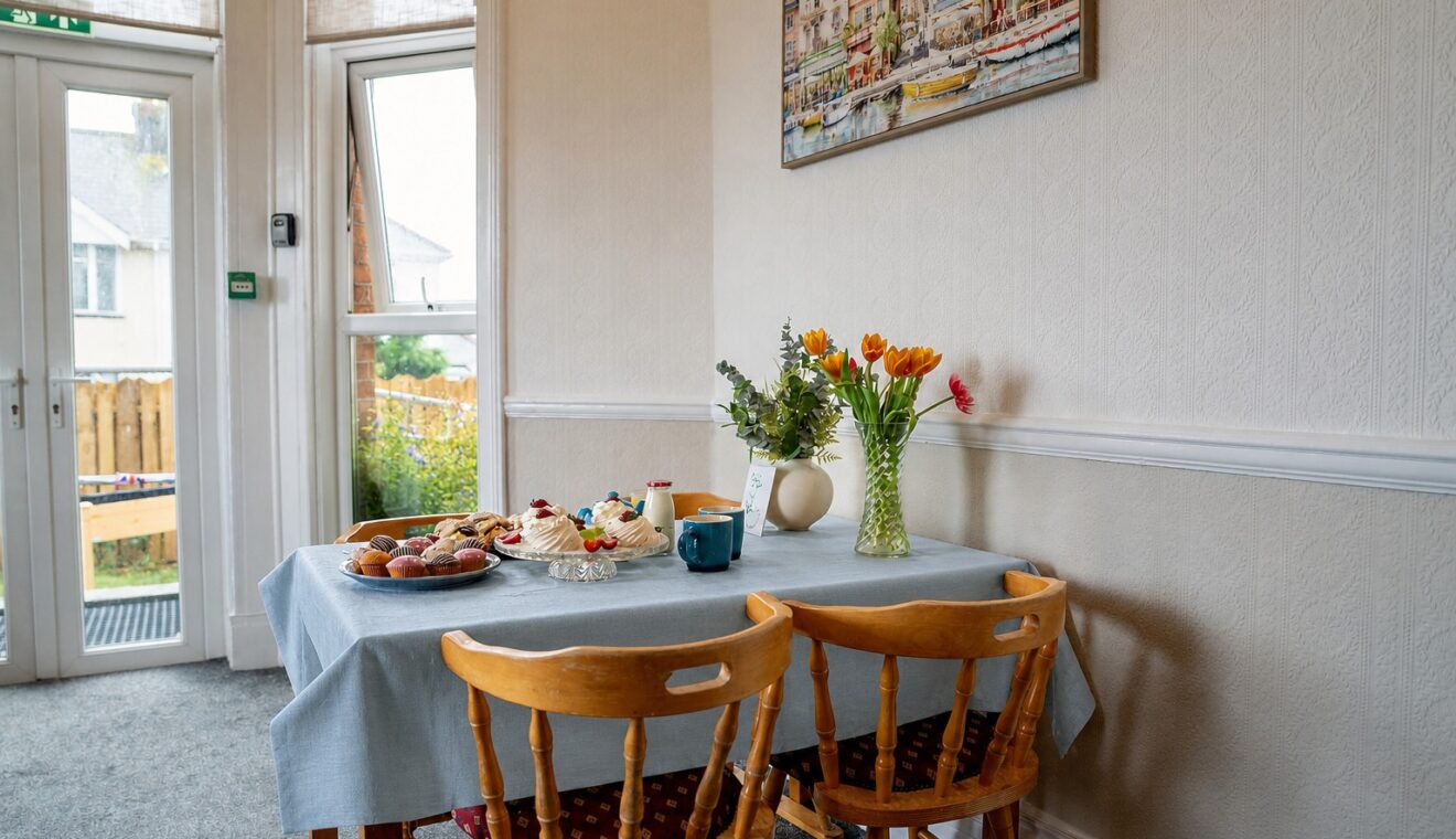 A dining table set with afternoon tea, overlooking the garden