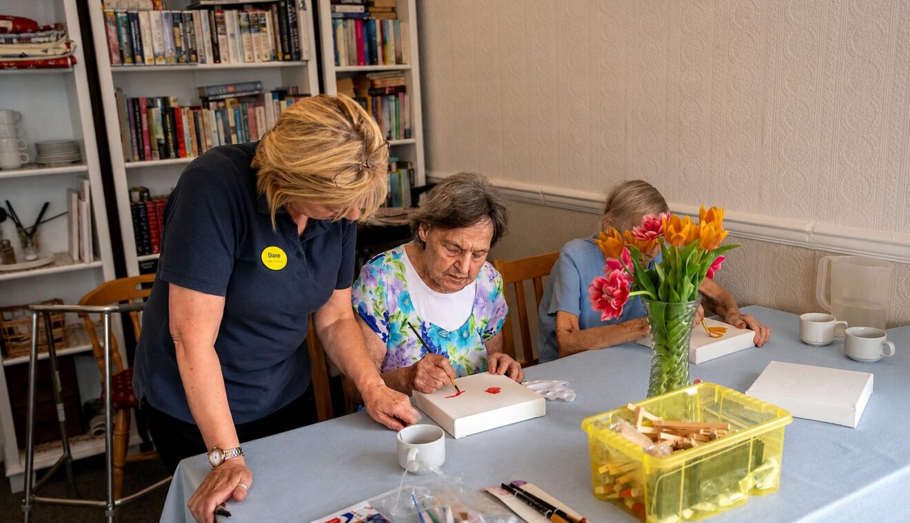 A staff member supporting a resident with a painting activity by the bookshelves