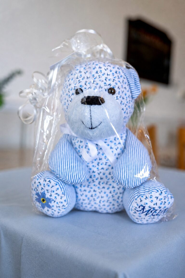 A handmade memory bear, made from a loved one's clothing